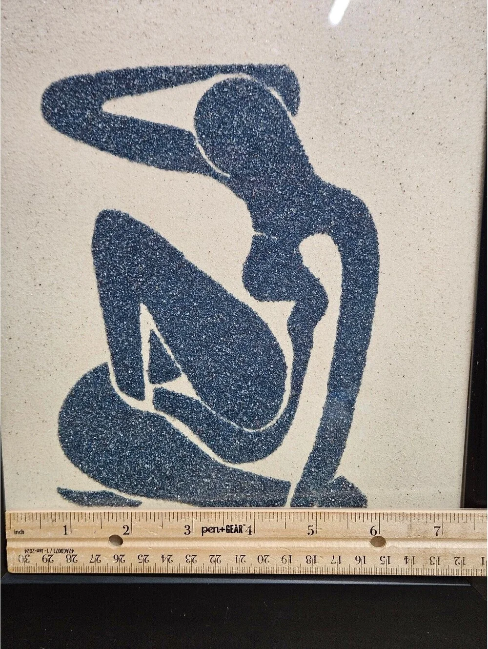 Vintage Framed Matisse Style Blue Seated Female Silhouette Textured Sand Art